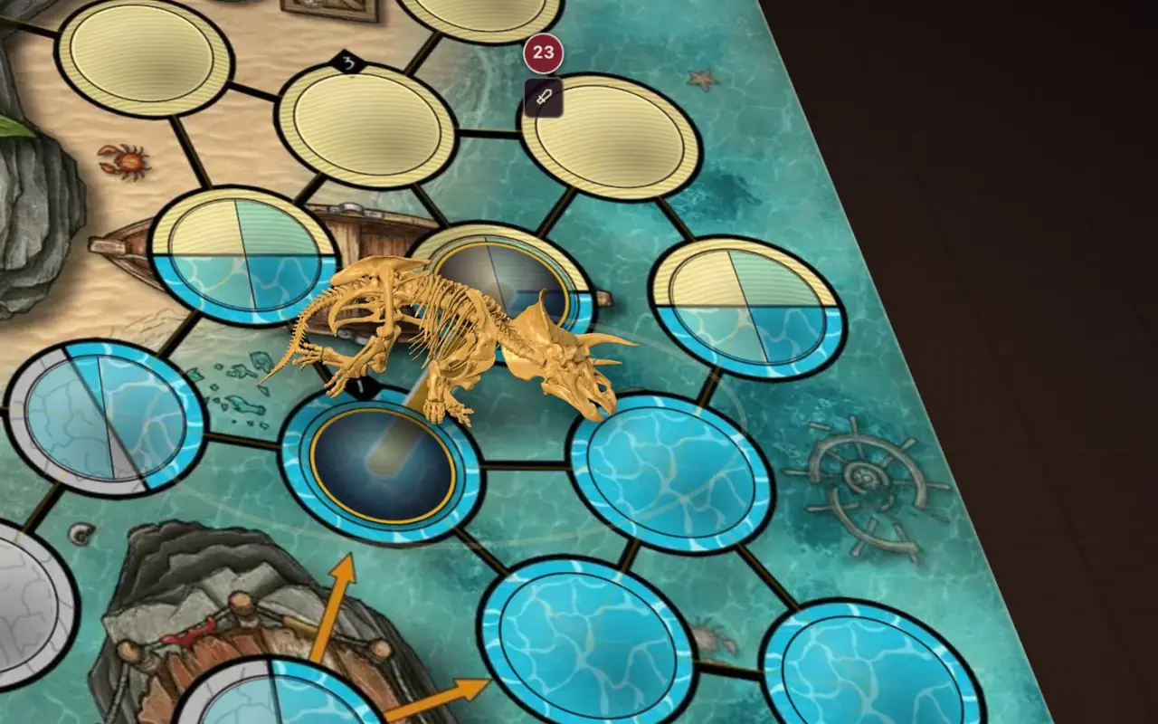 Pro's tabletop view: a skeleton-dinosaur miniature standing on the island board