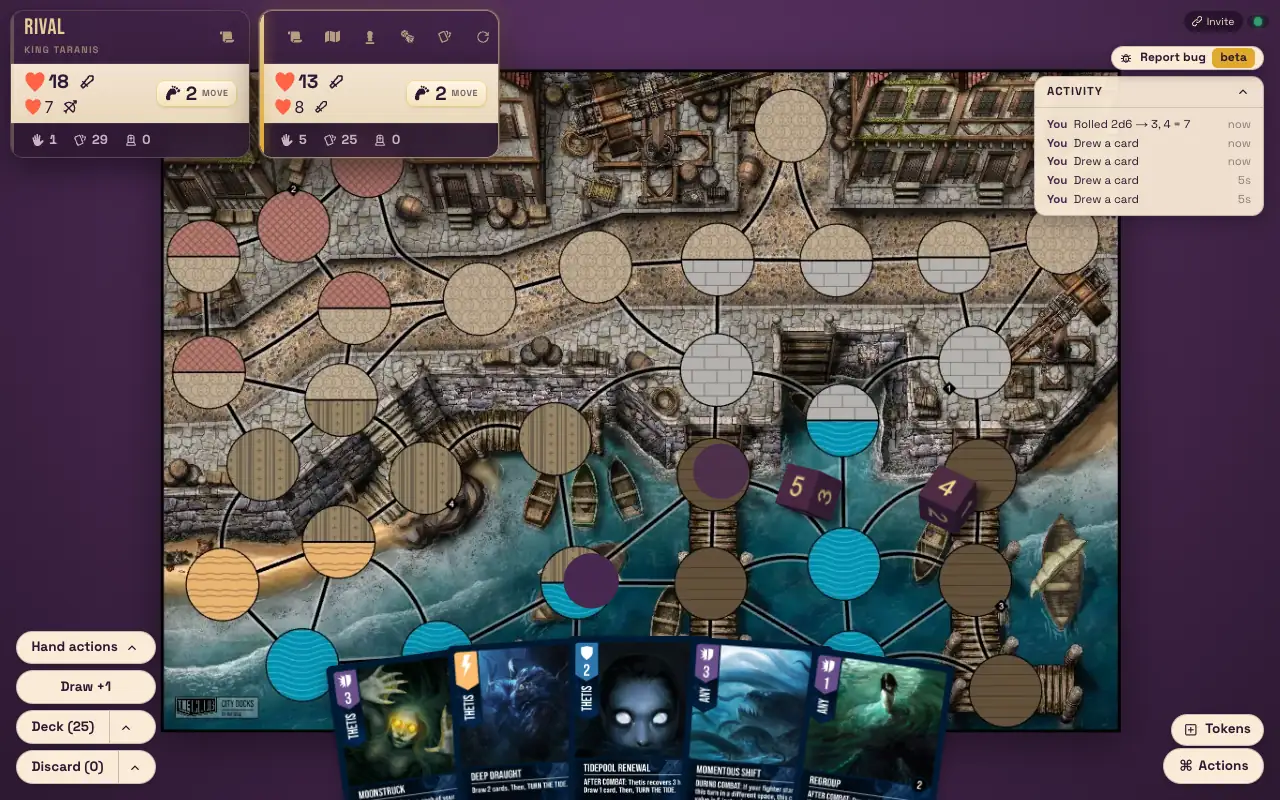 A sandbox match on the City Docks map: two fighters' health, a fanned hand of cards, two dice and tokens on the board