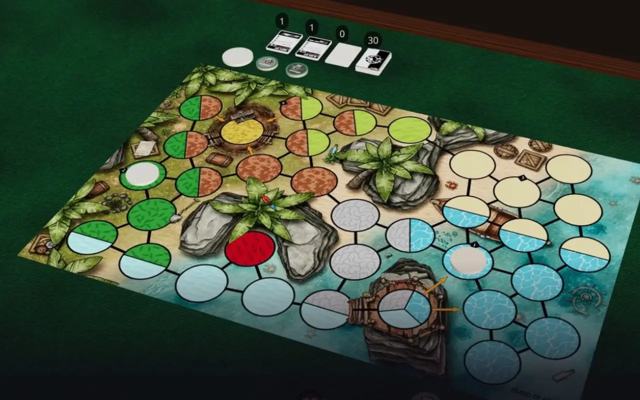 A 3D table seen from a three-quarter angle: the island board on green felt with decks and discard piles beside it