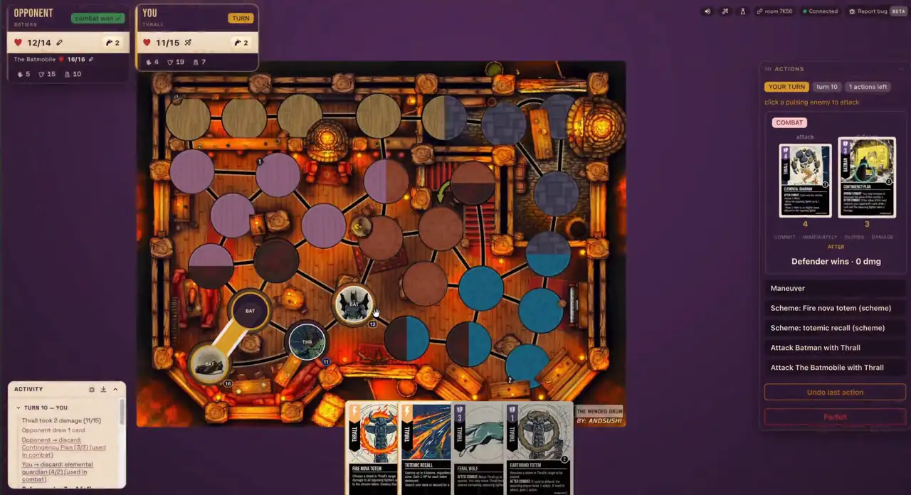 A Pro match in the flat board view, with the combat panel and activity log open